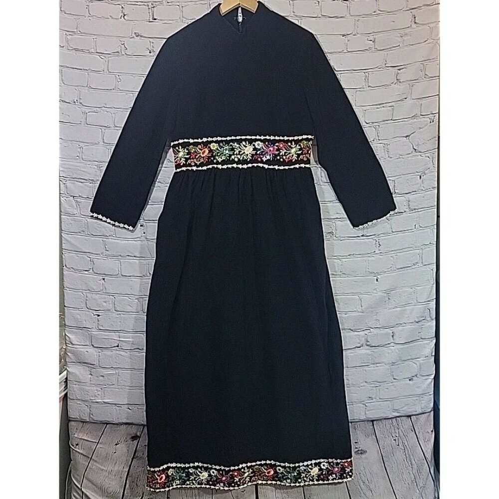 Vintage 60's Lori Till Velour Hostess Dress Maxi Black Embroidered Sz S-M‎
